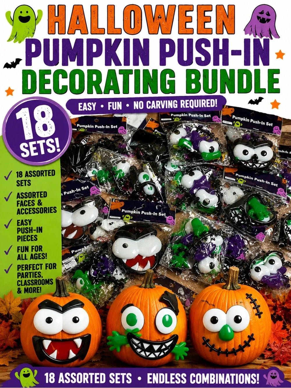 Halloween Pumpkin Push-In Decor Bundle 18 New Assorted Face Sets